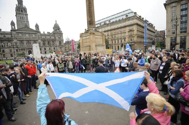 Yes supporters gather in Glasgow's George Square following the No vote. Picture: PA