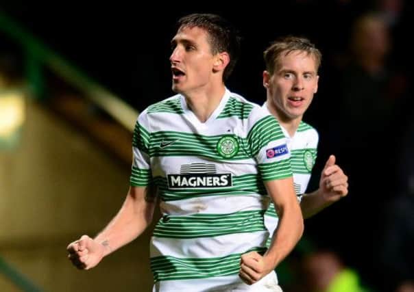 Stefan Scepovic celebrates scoring his goal at Celtic Park. Picture: Getty