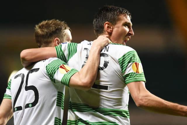 Stefan Scepovic (right) celebrates his goal with team-mate Stefan Johansen. Picture: SNS