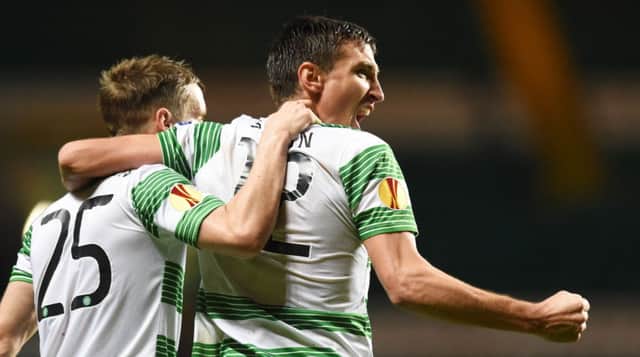 Stefan Scepovic (right) celebrates his goal with team-mate Stefan Johansen. Picture: SNS