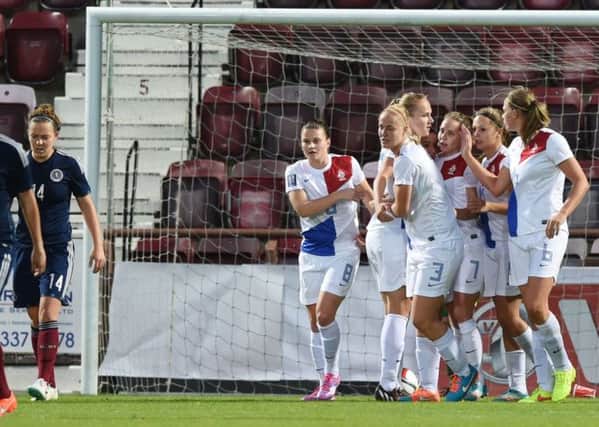 Netherlands players Manon Melis on her spot-kick conversion. Picture: SNS