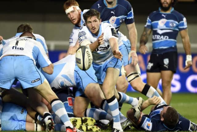 Henry Pyrgos gets his pass away during the European Champions Cup win over Montpellier. Picture: AFP
