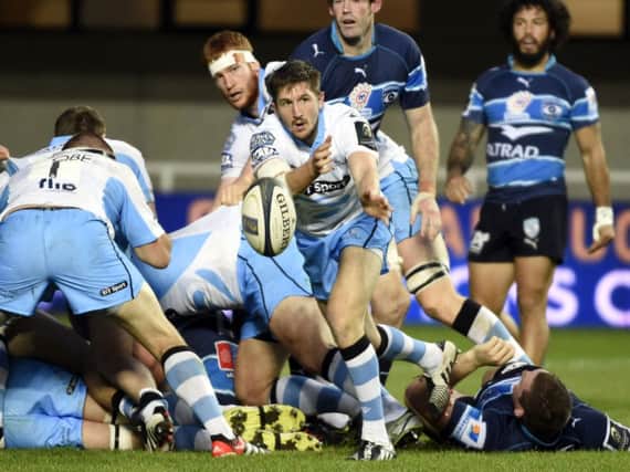 Henry Pyrgos gets his pass away during the European Champions Cup win over Montpellier. Picture: AFP