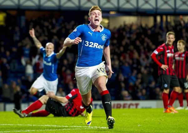 Rangers' Lewis Macleod wheels away after heading home a later goal for his side. Picture: SNS