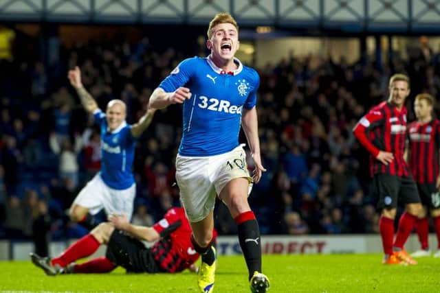 Rangers' Lewis Macleod wheels away after heading home a later goal for his side. Picture: SNS