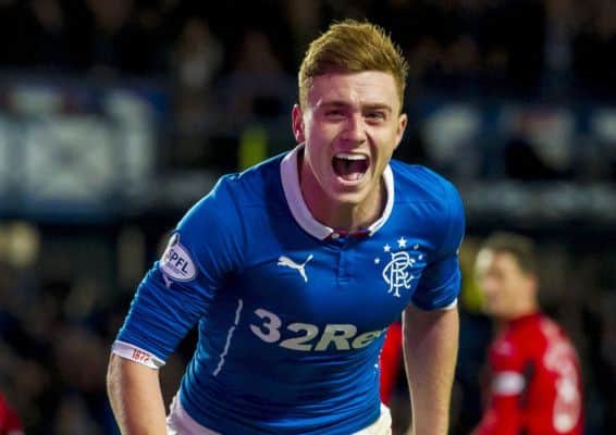 Lewis Macleod celebrates after his winner in last nights League Cup quarterfinal. Picture: SNS