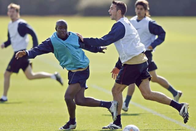 Lassana Diarra, pictured in training with former team mate Robin Van Persie, is reportedly a target for Celtic. Picture: Getty