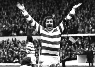 Celtics Dixie Deans, top, celebrates scoring in the 1974 League Cup final. Picture: SNS