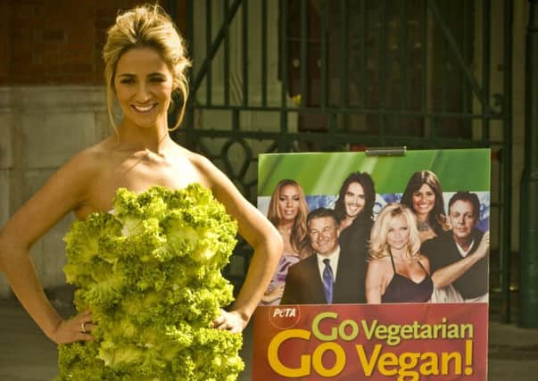 Reality TV star Chantelle Houghton previously wore a lettuce leaf dress for Peta. Picture: PETA