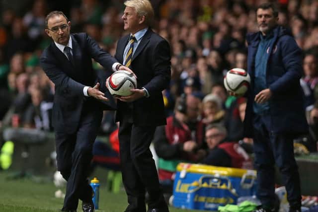 Republic of Ireland manager Martin ONeill is keen to share the ball-carrying duties at Celtic Park with Scotland coach Gordon Strachan. 
Photograph: Ian MacNicol/AFP/Getty Images