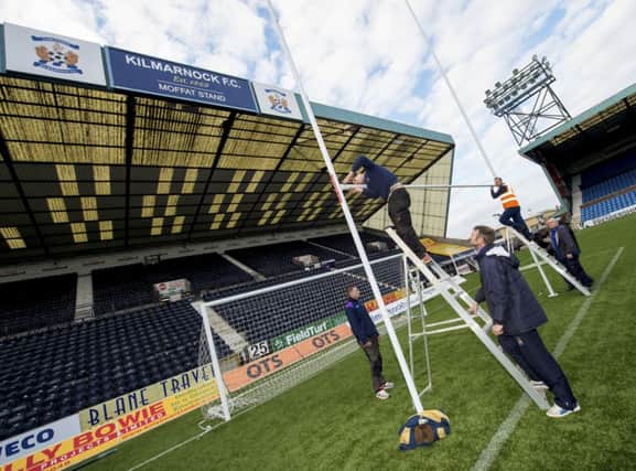 Rugby posts are erected at Rugby Park ahead of Scotland's Autumn Test match against Tonga. Picture: SNS