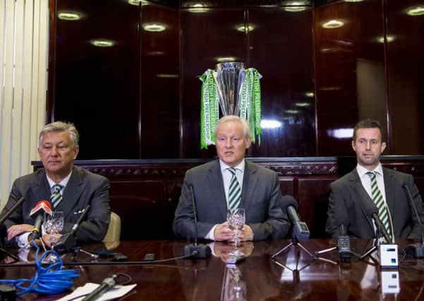 Celtic Chief Executive Peter Lawwell (left) joins Chairman Ian Bankier  and Manager Ronny Deila at the agm. Picture: SNS