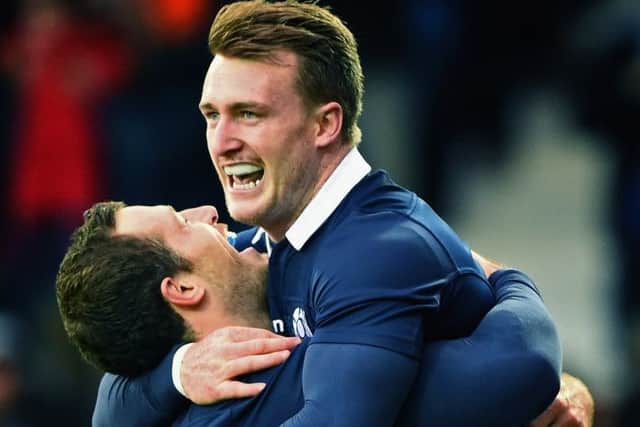 Stuart Hogg and Tim Visser celebrate Hoggs try. Picture: Getty