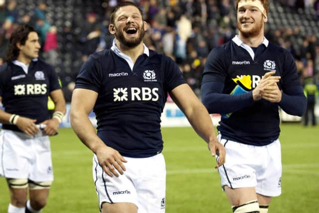 Ross Ford (left) and Rob Harley are all smiles after Scotland's win. Picture: SNS