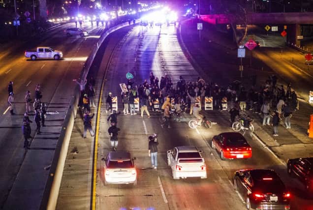 Demonstrators block a freeway in Los Angeles. Picture: AFP