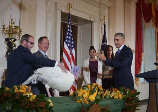 President Obama pardons the Thanksgiving turkey "Cheese" during the annual ceremony. Picture: Getty