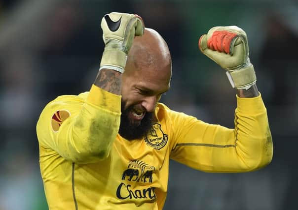 Tim Howard of Everton celebrates the second goal during the UEFA Europa League match between VfL Wolfsburg and Everton FC. Picture: Getty