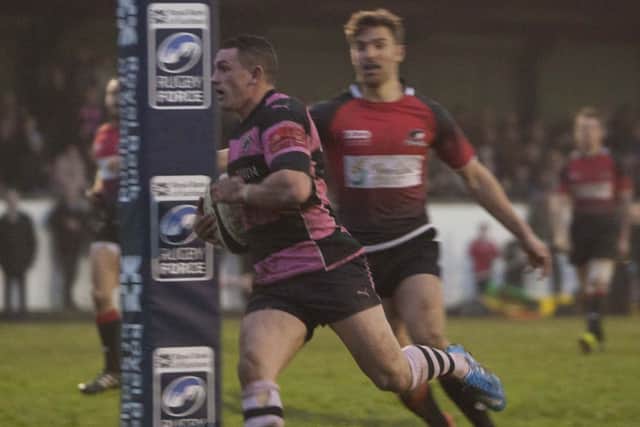 Ross Curle crosses the line to score a superb solo try for Ayr. Picture: Toby Williams