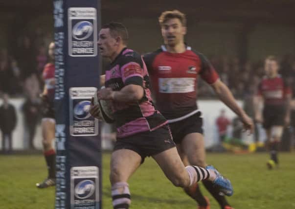 Ross Curle crosses the line to score a superb solo try for Ayr. Picture: Toby Williams