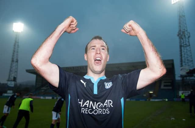 Matchwinner David Clarkson celebrates after the final whistle. Picture: Rob Casey/SNS