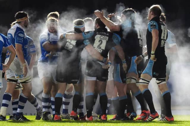 Steam comes off a broken scrum during yesterdays clash between Glasgow and the Dragons at Scotstoun. Picture: SNS