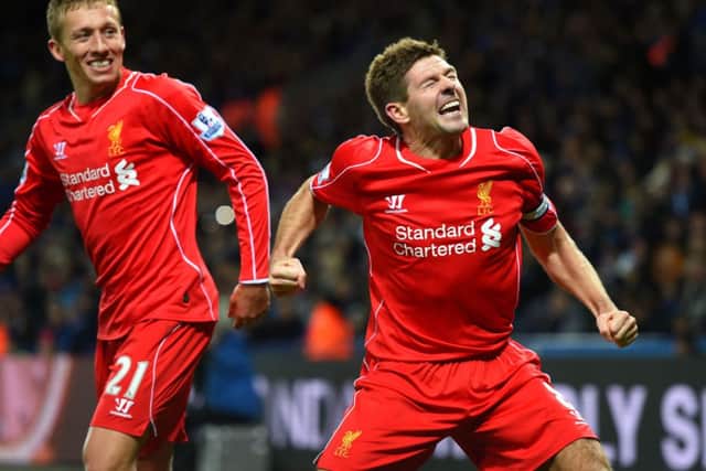 Liverpool captain Steven Gerrard shows his delight at putting his side ahead in the 3-1 victory. Picture: Getty