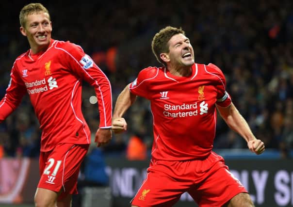 Liverpool captain Steven Gerrard shows his delight at putting his side ahead in the 3-1 victory. Picture: Getty
