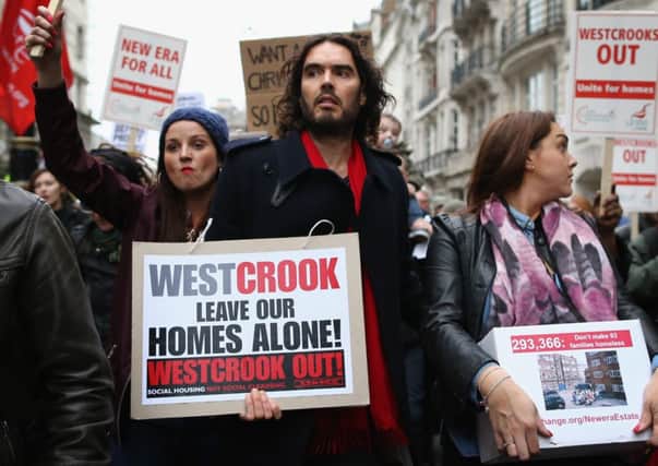 Russell Brand joined protestors as they took their demonstration to Westbrooks Headquarters in Mayfair. Picture: Getty