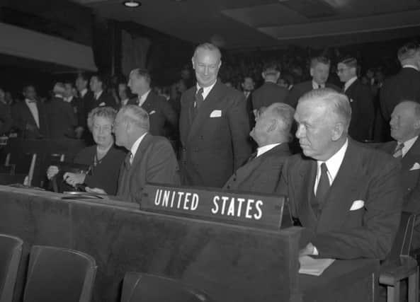 Eleanor Roosevelt, beside her husband US president Theodore Roosevelt, at the United Nations in 1948 where  the Universal Declaration on Human Rights was adopted. Picture: AFP/Getty
