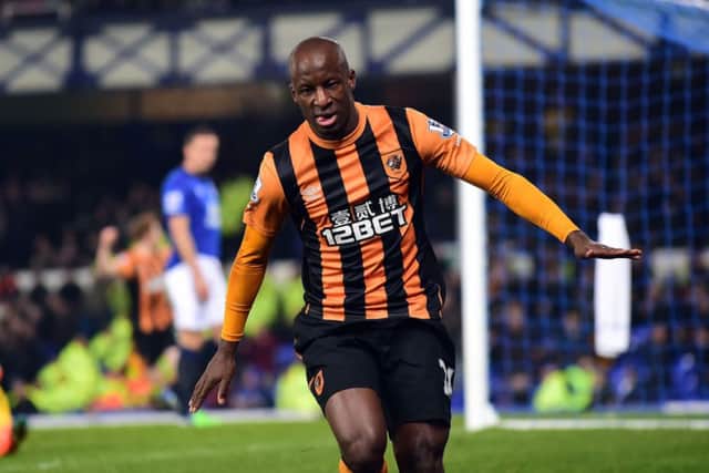 Sone Aluko celebrates scoring for Hull against Everton after coming off the bench at Goodison. Picture: Paul Ellis/AFP/Getty