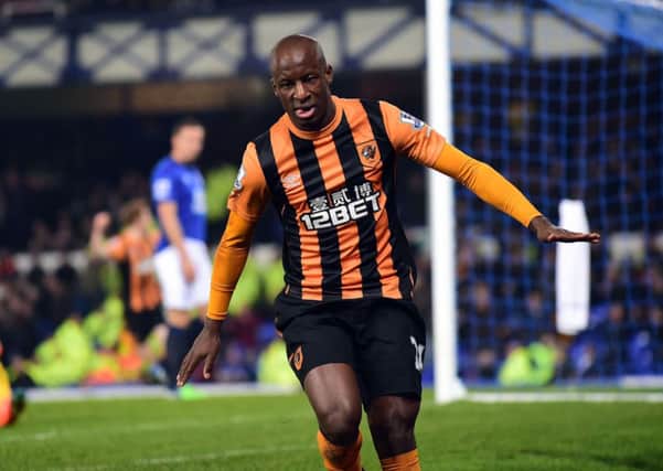 Sone Aluko celebrates scoring for Hull against Everton after coming off the bench at Goodison. Picture: Paul Ellis/AFP/Getty
