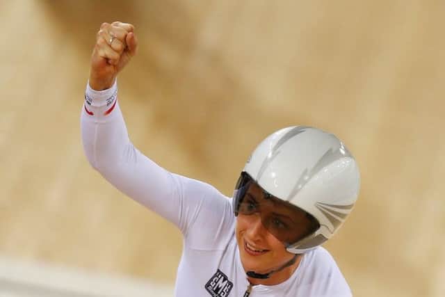 Laura Trott of Great Britain celebrates winning the Women's Team Pursuit on day one of the UCI Track Cycling World Cup. Picture: Getty