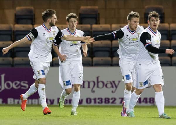 The ICT players celebrate after Ryan Christie (2nd left) grabbed a late winner. Picture: SNS