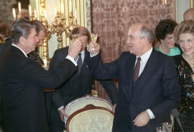 Toast to friendship  Soviet leader Mikhail Gorbachev met US president Ronald Reagan in Washington on this day in 1987. Picture: Getty