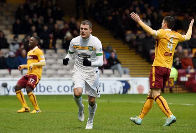 Anthony Stokes celebrateshis goal at Fir Park at the weekend. Picture: SNS