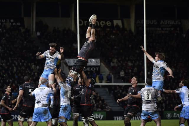 Imanol Harinordoquy catches a lineout ball in the first game between Toulouse and Glasgow. Picture: Getty