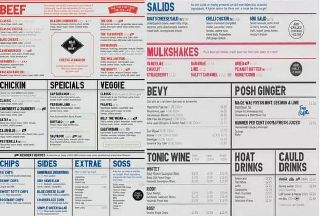 The Gourmet Burger Kitchen menus, offering 'Chickin', 'Mulkshakes' and 'Tonic wine'. Pictures: Contributed