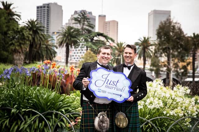 Douglas Pretsell and Peter Gloster were converting their Scottish civil partnership to marriage in a Melbourne ceremony. Picture: Frank Farrugia