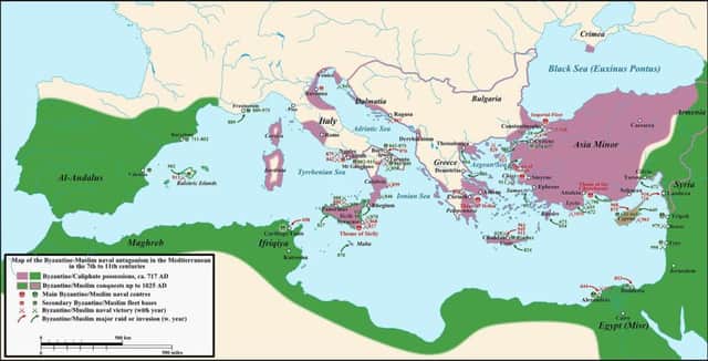 The Mediterranean in 720AD: Byzantine possessions in purple and the Caliphates in green