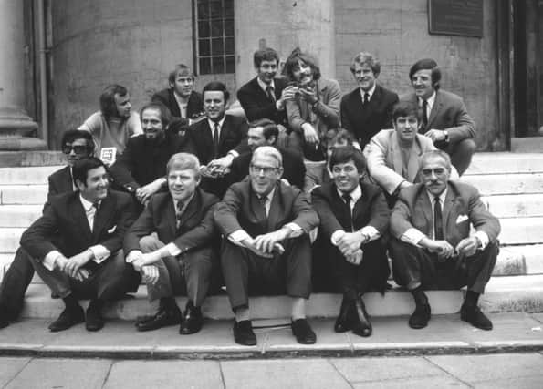 Chris Denning can be seen second from left in the front row of 1968s gathering of DJs to mark Radio 1s first birthday. Picture: Getty