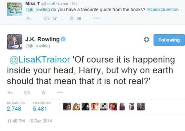 JK Rowling quoted her chosen line on Twitter much to the delight of her online fans. Picture: Twitter