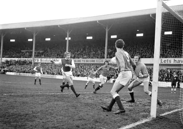 Hibs forward Arthur Duncan in a First Division fixture against Rangers at Easter Road on Christmas Day in 1971. Picture: TSPL