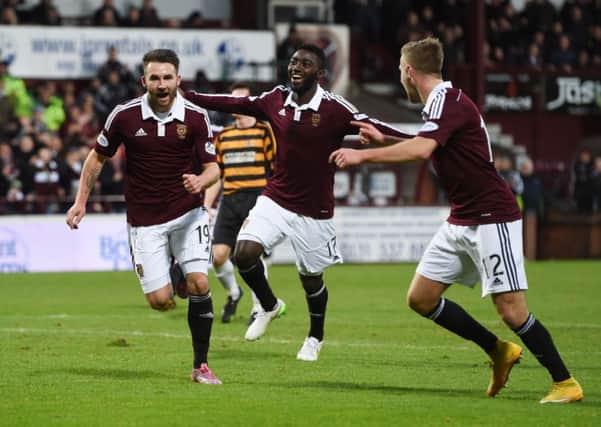 James Keatings celebrates his goal with Hearts team-mates. Picture: SNS