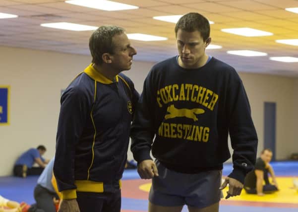 Steve Carell and Channing Tatum in Foxcatcher, a film based on real people and true events. Picture: Contributed