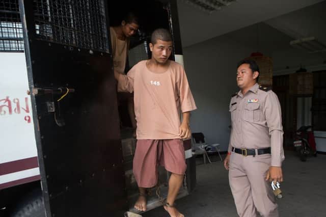 Zaw Lin and Win Zaw Htun, seen arriving at the Koh Samui provincial court, deny any part in the tourist murders. Picture: Getty