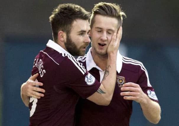Hearts' Billy King congratulates goalscorer James Keatings (left). Picture: SNS