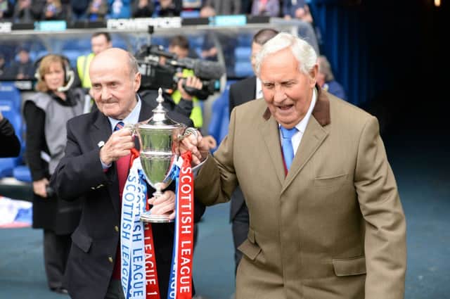 Johnny Hubbard, left, and Bobby Brown presented the SPFL League 1 trophy to Rangers in April. Picture: SNS