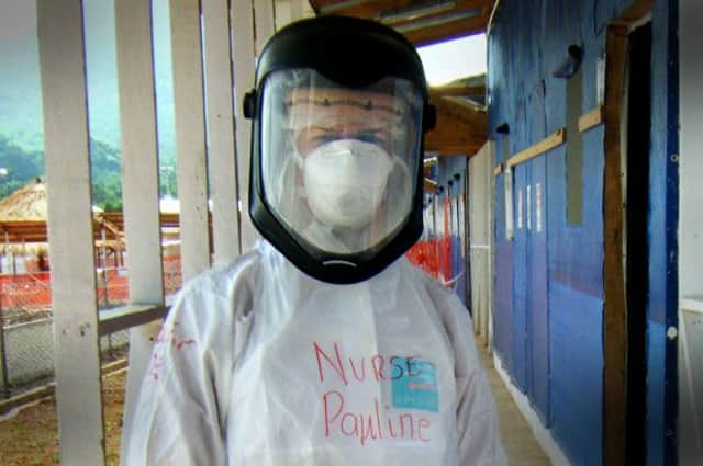 Ms Cafferkey wrote her name on the 'alien-type' protective suit. Picture: Contributed