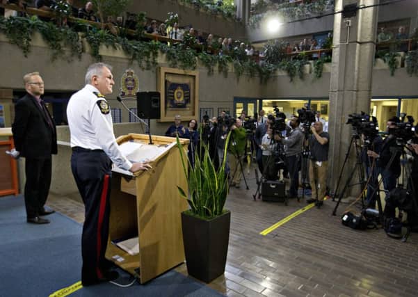 Edmonton City Police Chief Rod Knecht speaks about multiple murders that took place at different scenes over night in Alberta. Picture: AP