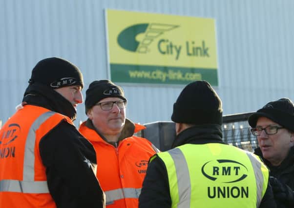 A picket line outside City Link in Motherwell, Lanarkshire. Picture: PA